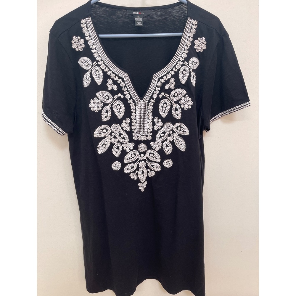 Style & Co Black Embroidered V-Neck Cotton Slub Top XL Short Sleeve Boho Tee